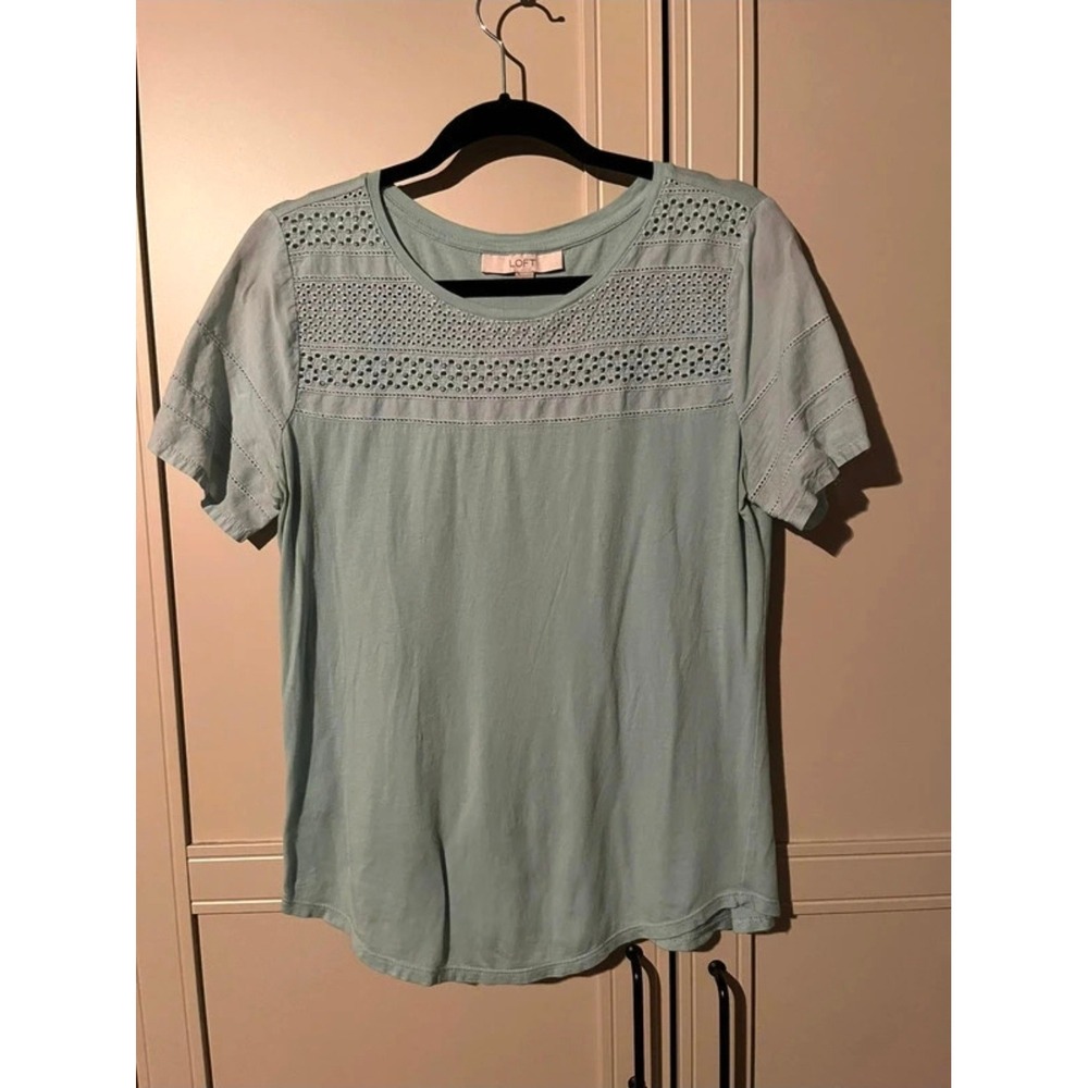 LOFT Womens Mint Green Eyelet Lace‎ Yoke Short Sleeve Knit Top Size Medium